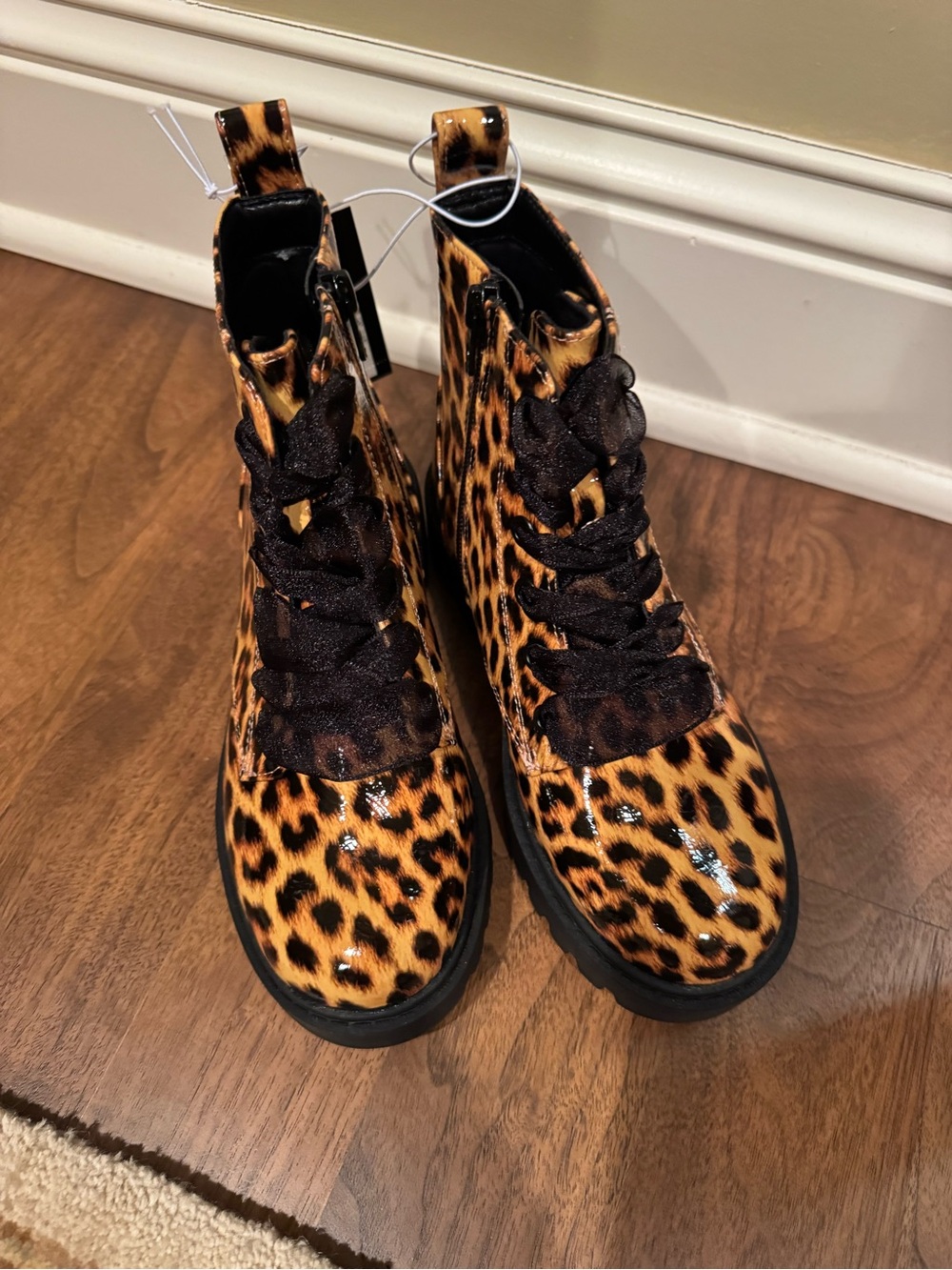 Art Class Leopard-Print Lace-Up Kids Boots in Tan and Black